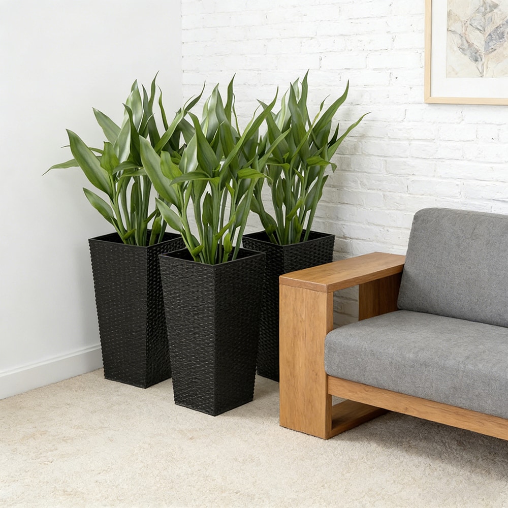 Tall Planters For Outdoor Plants Set Of 3, 24 In Taper Planters With Drainage Holes, Rattan Decor Plant Pots For Indoor Outdoor Front Porch Patio Backyard, Black_maomaolike.com